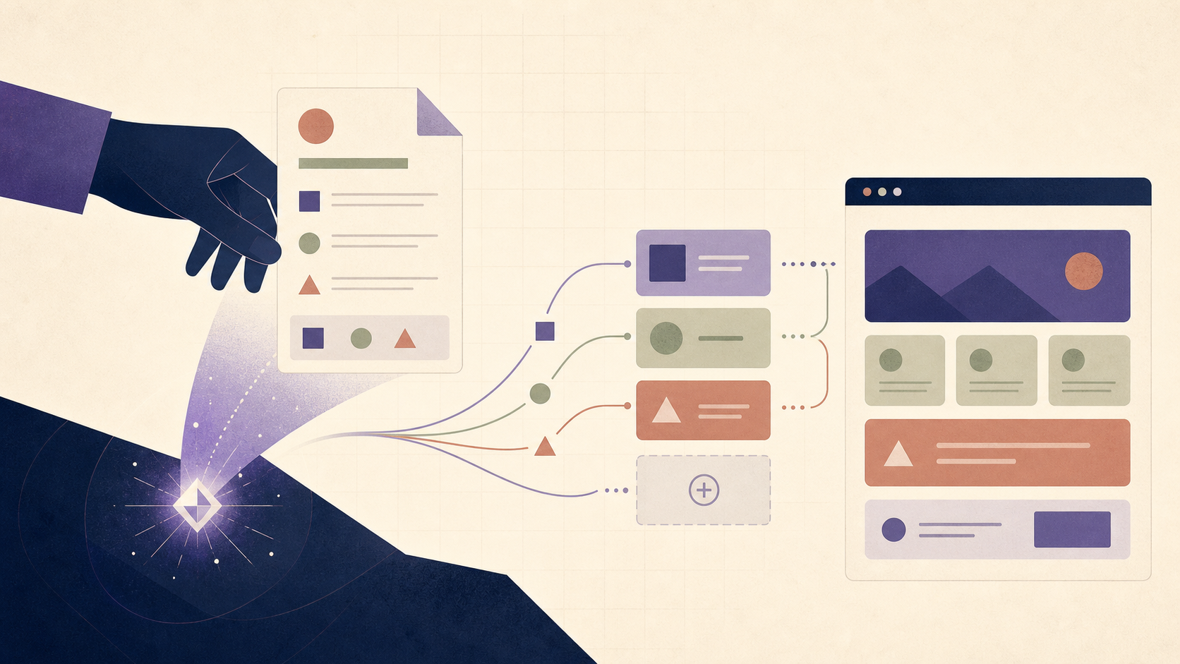 Editorial illustration of an AI coding agent turning a design contract into a coherent interface system