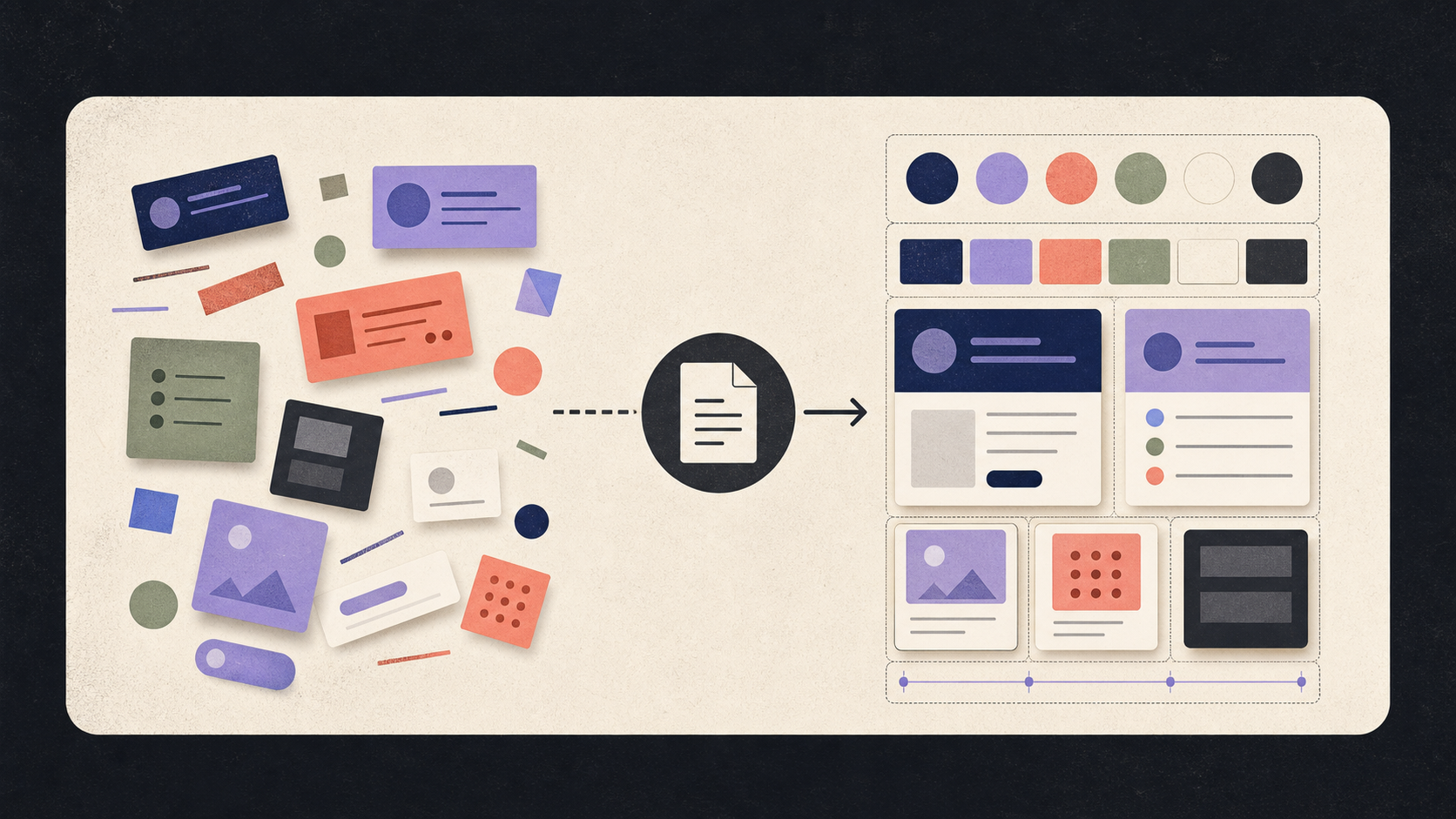 Editorial illustration showing scattered interface fragments becoming a coherent design system through a markdown document